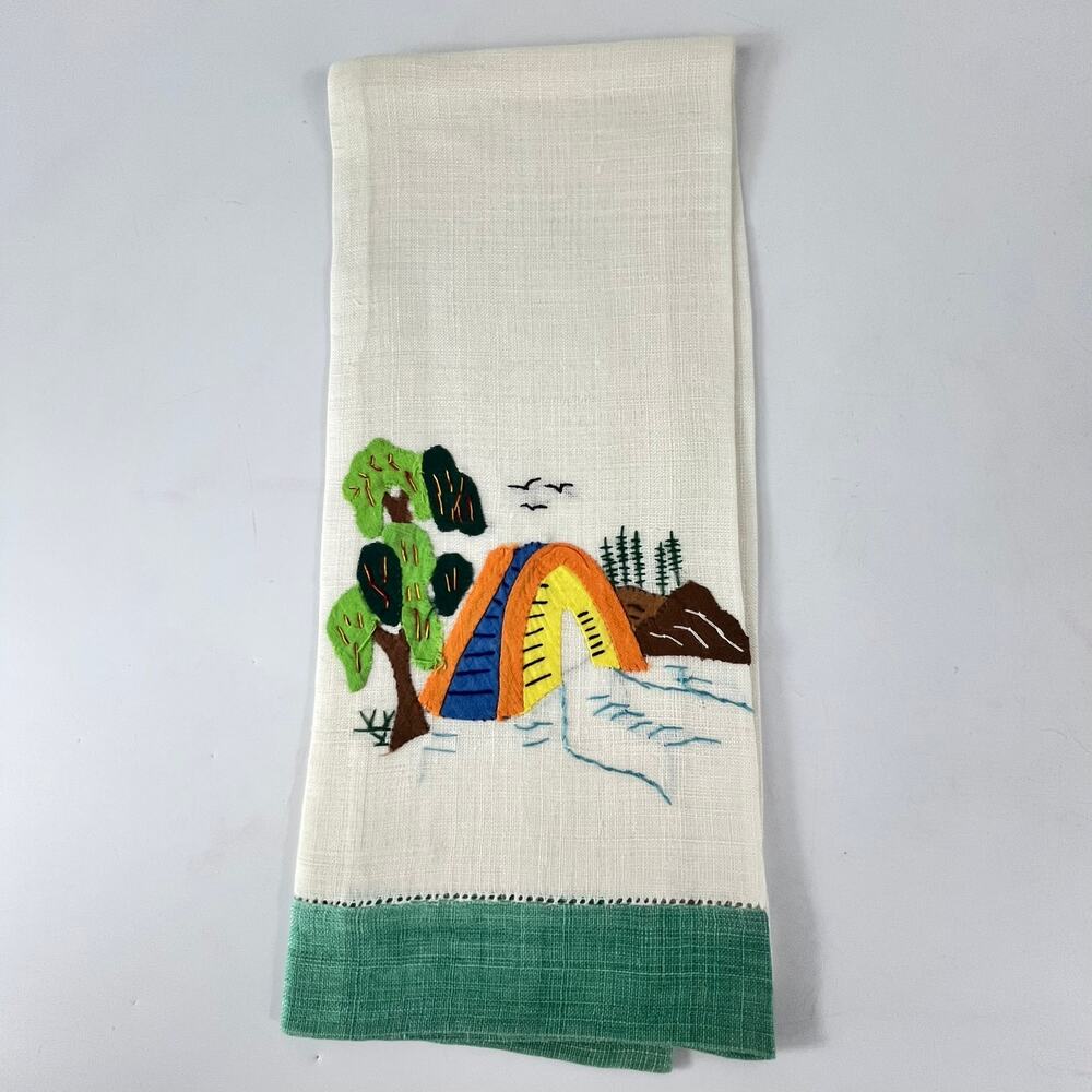 50s Camping Tea Towel Embroidered Lace Applique Forest Lrg Vtg Table Doily Linen